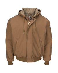 Men's Tall Insulated Brown Duck Hooded Jacket with Knit Trim